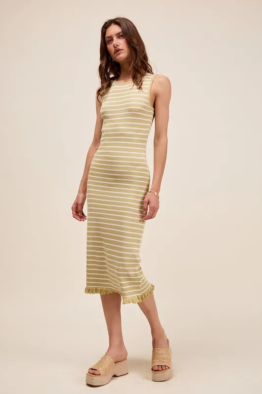 Stripe Sleeveless Sweater Knit Maxi Dress With Ruffled Hem.