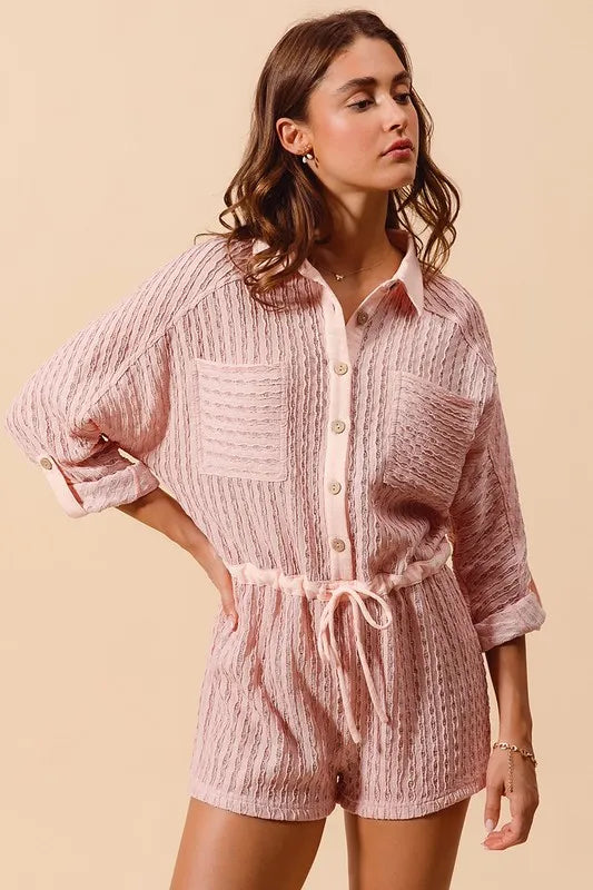 Textured Knit Button Front Romper.