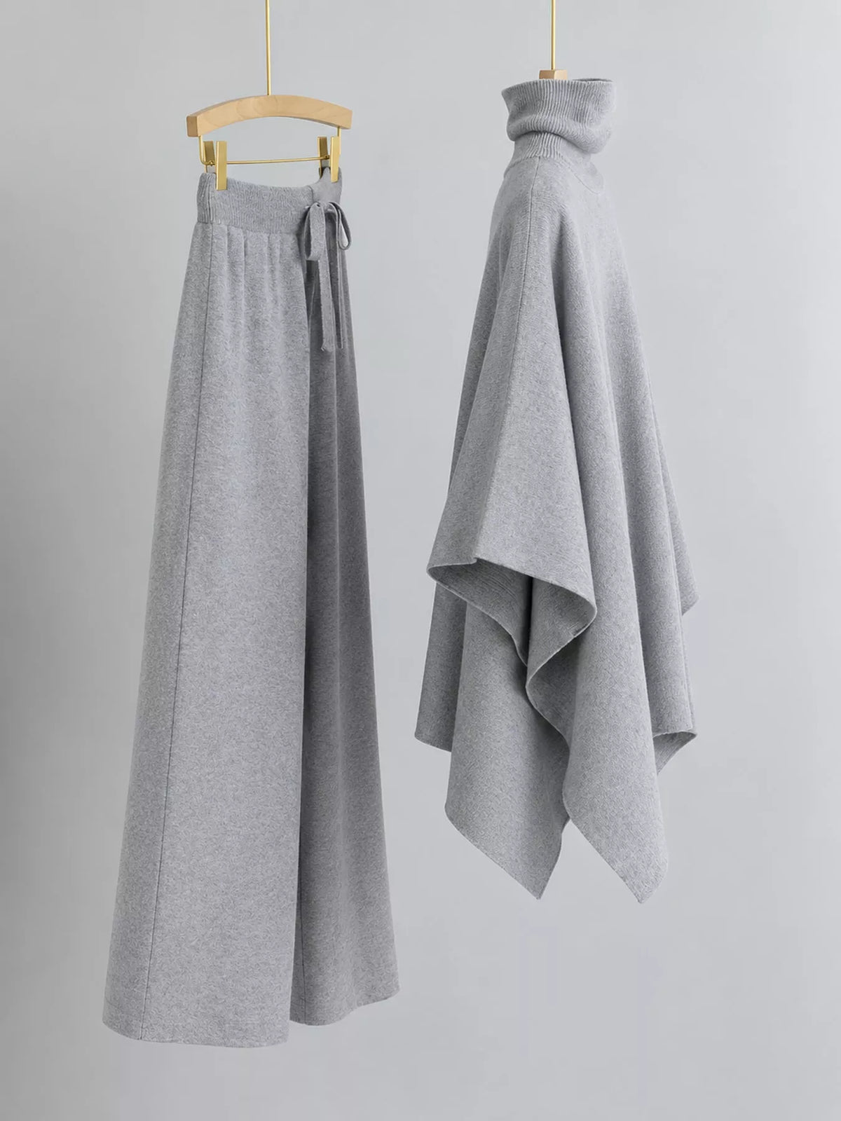 Turtleneck poncho sweater and matching wide-leg knit pants set