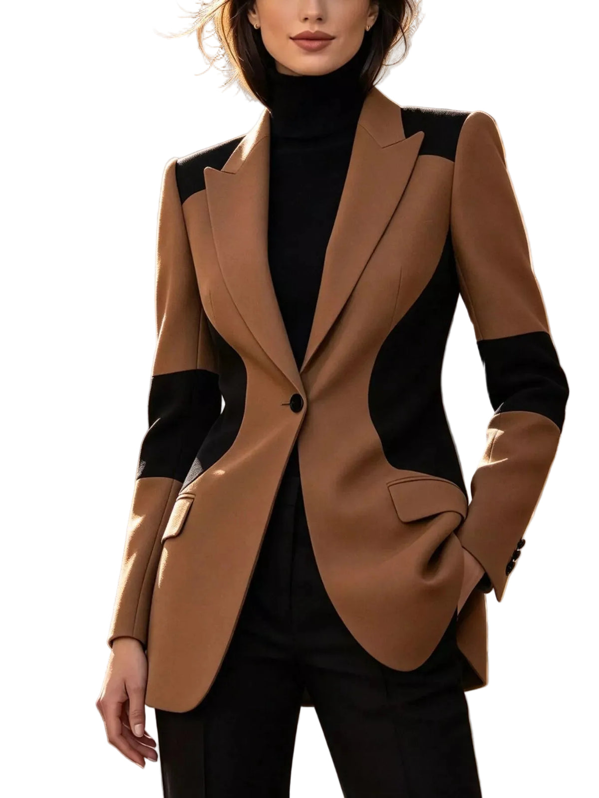 A woman wearing a tailored blazer in camel brown and black, styled over a black turtleneck and black trousers, standing in an outdoor stone alleyway.