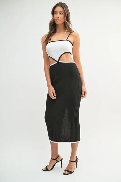 Ribbed Knit Color Block Cutout Midi Dress.