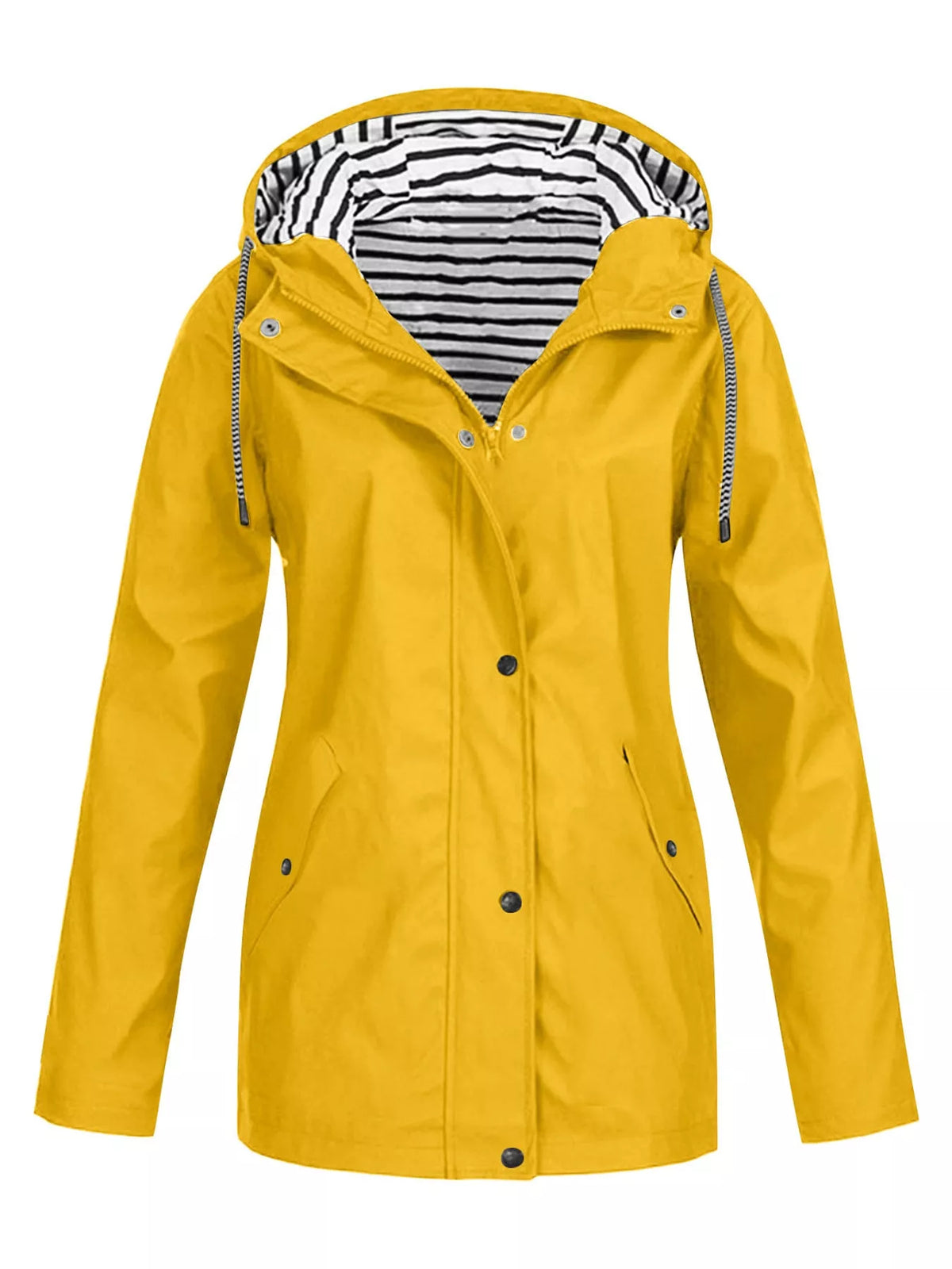A bright yellow hooded raincoat with a black and white striped lining inside the hood, shown against a plain white background.