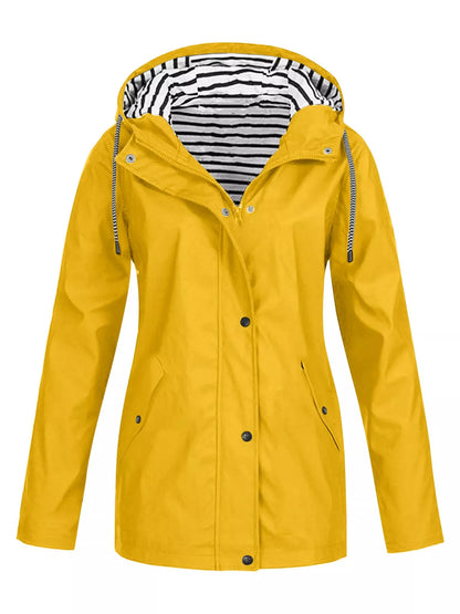 A bright yellow hooded raincoat with a black and white striped lining inside the hood, shown against a plain white background.