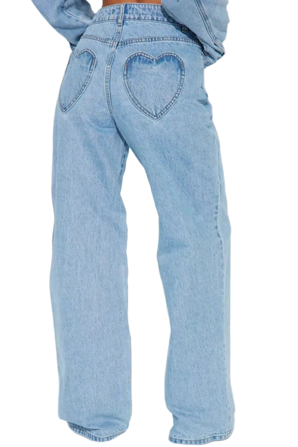 Light blue denim jeans with a heart-shaped pocket on the back, shown from the back on a model wearing a matching light blue denim jacket.
