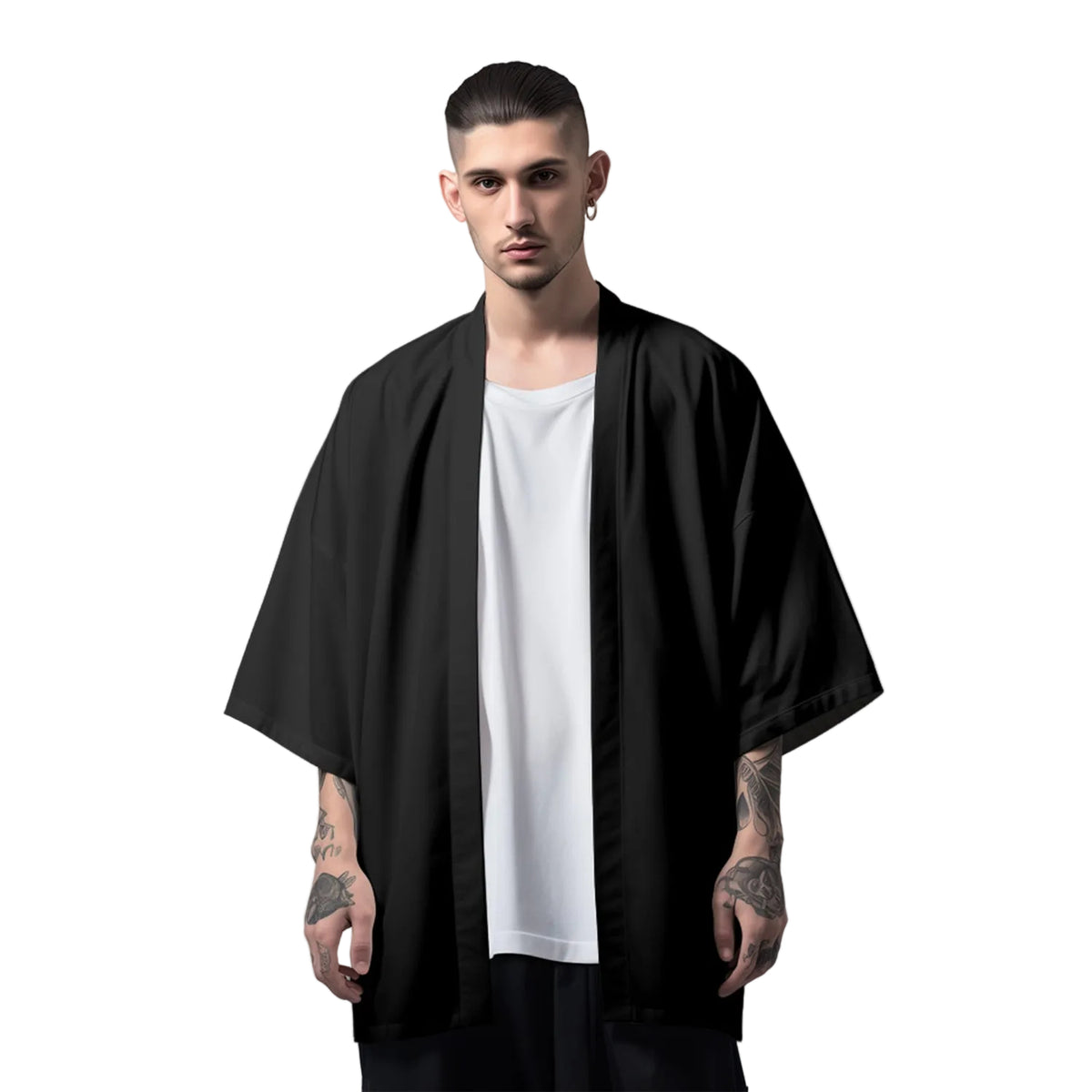 Man wearing a black kimono-style garment over a white shirt on a light gray background