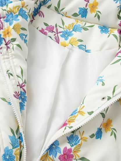 Floral print puffer jacket with stand collar