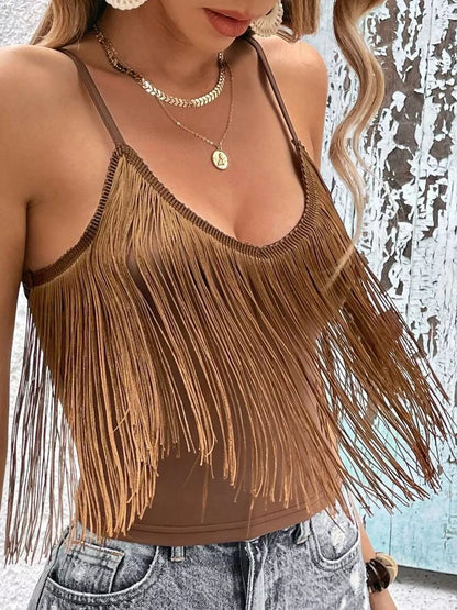 V-neck cami with fringe trim