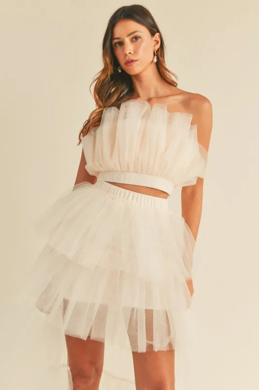 Tulle Tube Ruffle Crop Top and High Low Maxi Skirt Set.