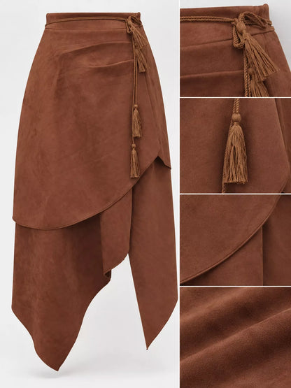 Bohemian suede wrap skirt with tassel accents