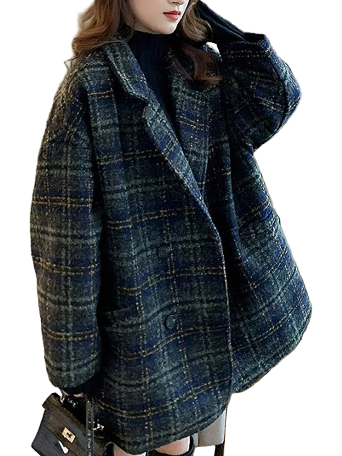 Women's vintage brown plaid double-breasted coat alternate view | KRIFFA