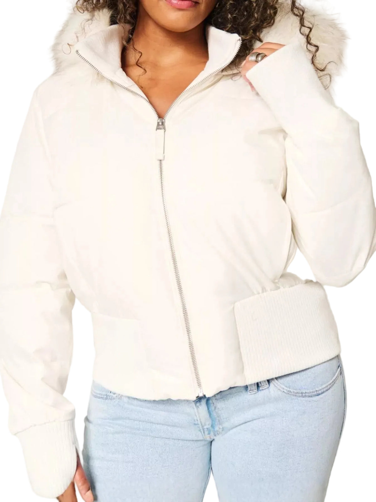 Women's white faux fur hooded puffer jacket alternate view | KRIFFA