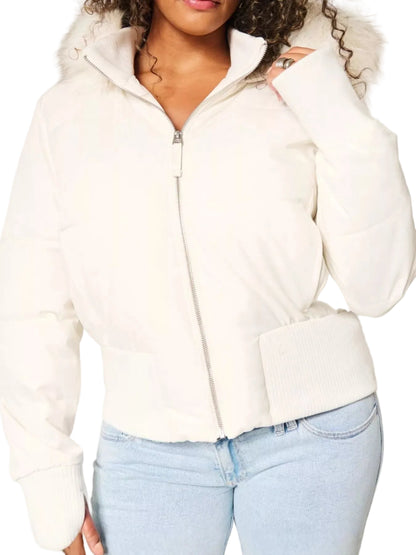 Women's white faux fur hooded puffer jacket alternate view | KRIFFA