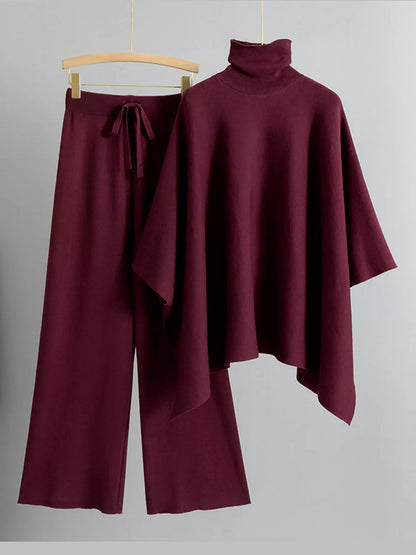 Turtleneck poncho sweater and matching wide-leg knit pants set