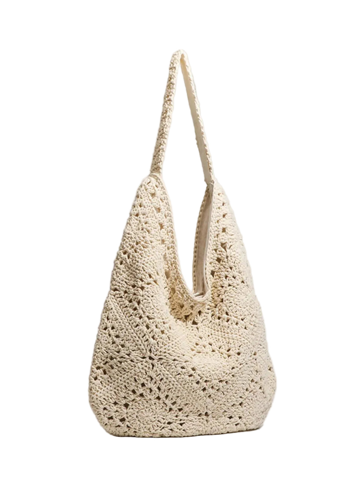 A cream-colored crochet shoulder bag with a textured openwork pattern and a single shoulder strap, photographed on a light gray background.