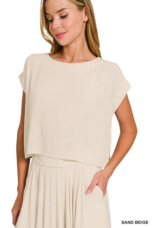 Woven Crinkle Gauze Crop Tee and Skirt Set.