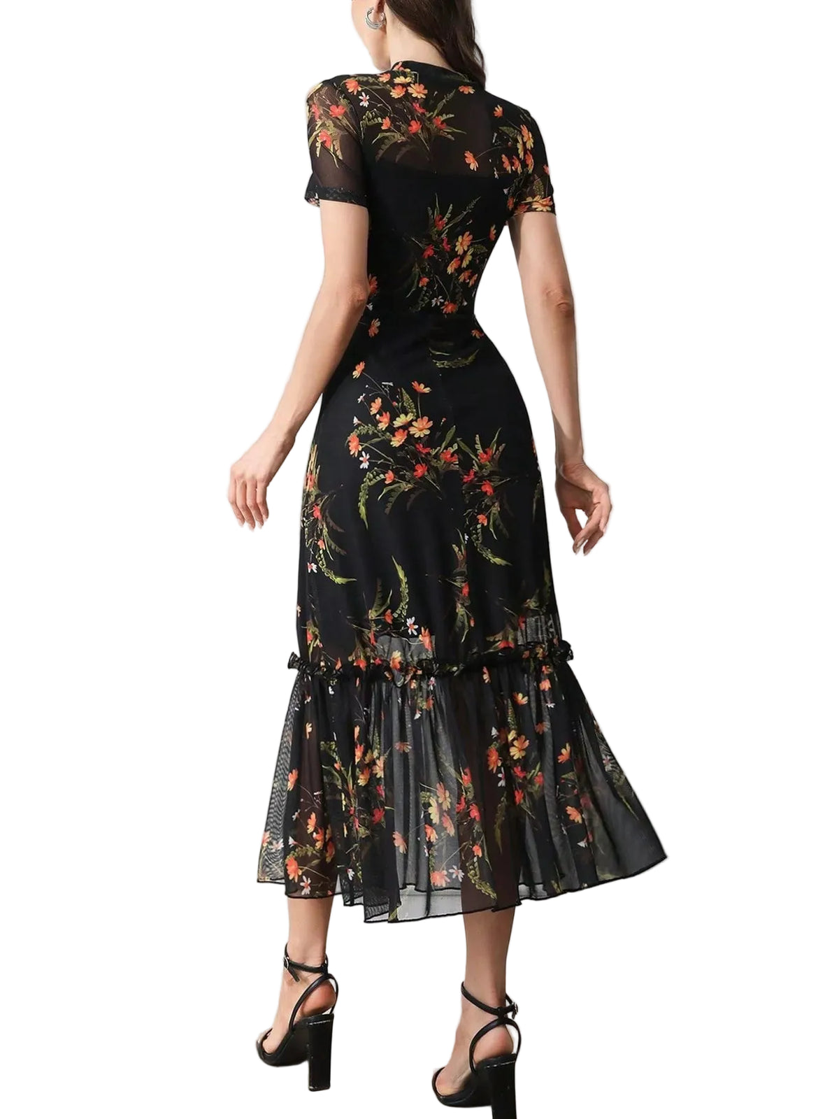 Floral print midi dress with sheer overlay and ruffle hem