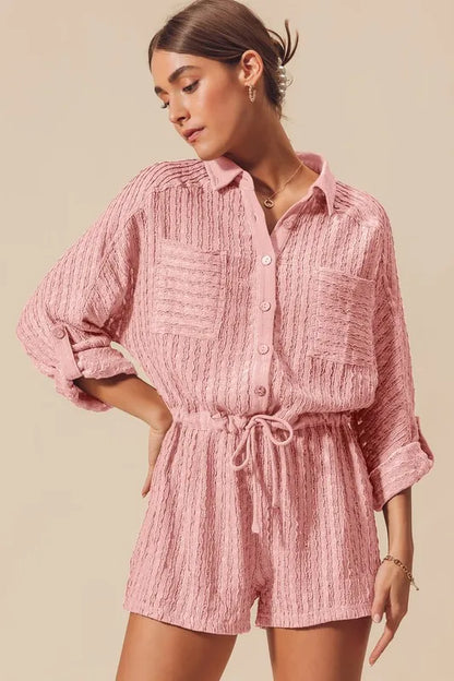 Textured Knit Button Front Romper.