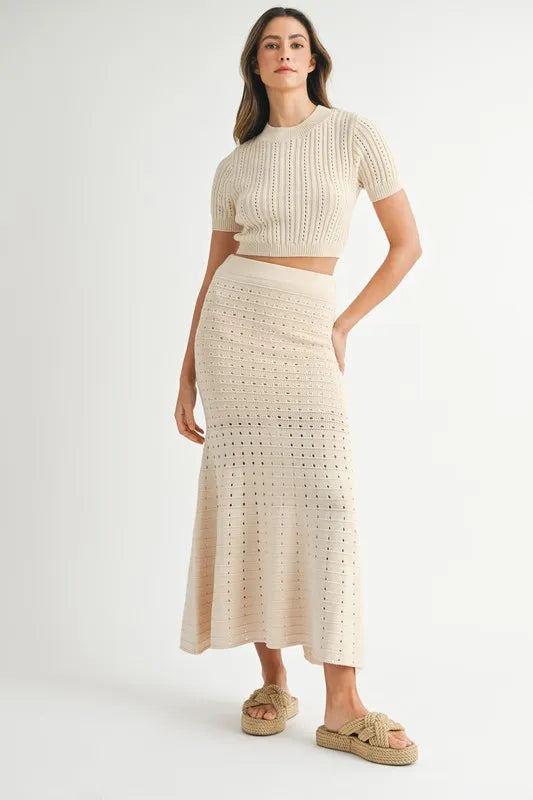 Pointelle Short Sleeve Crop Top and Slit Skirt Sweater Set.