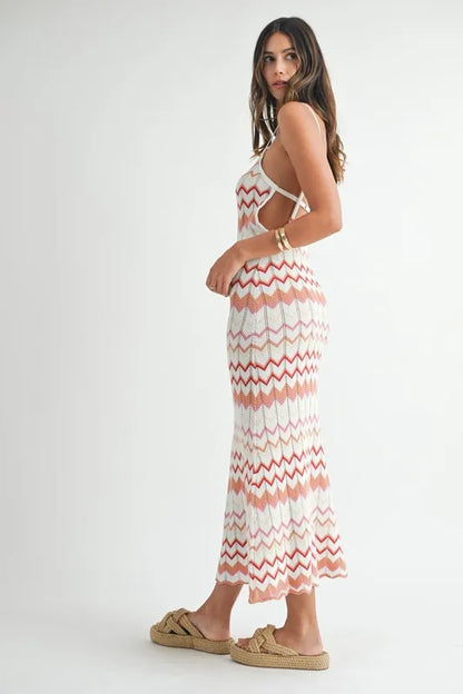 Lightweight Pointelle Chevron Knit Maxi Dress.