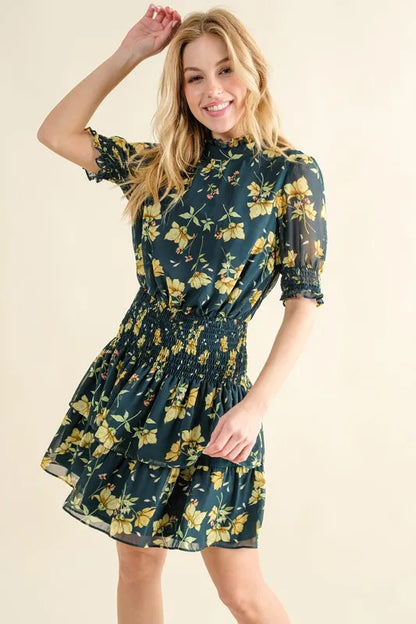 Floral Print Smocked Waist Mini Dress.