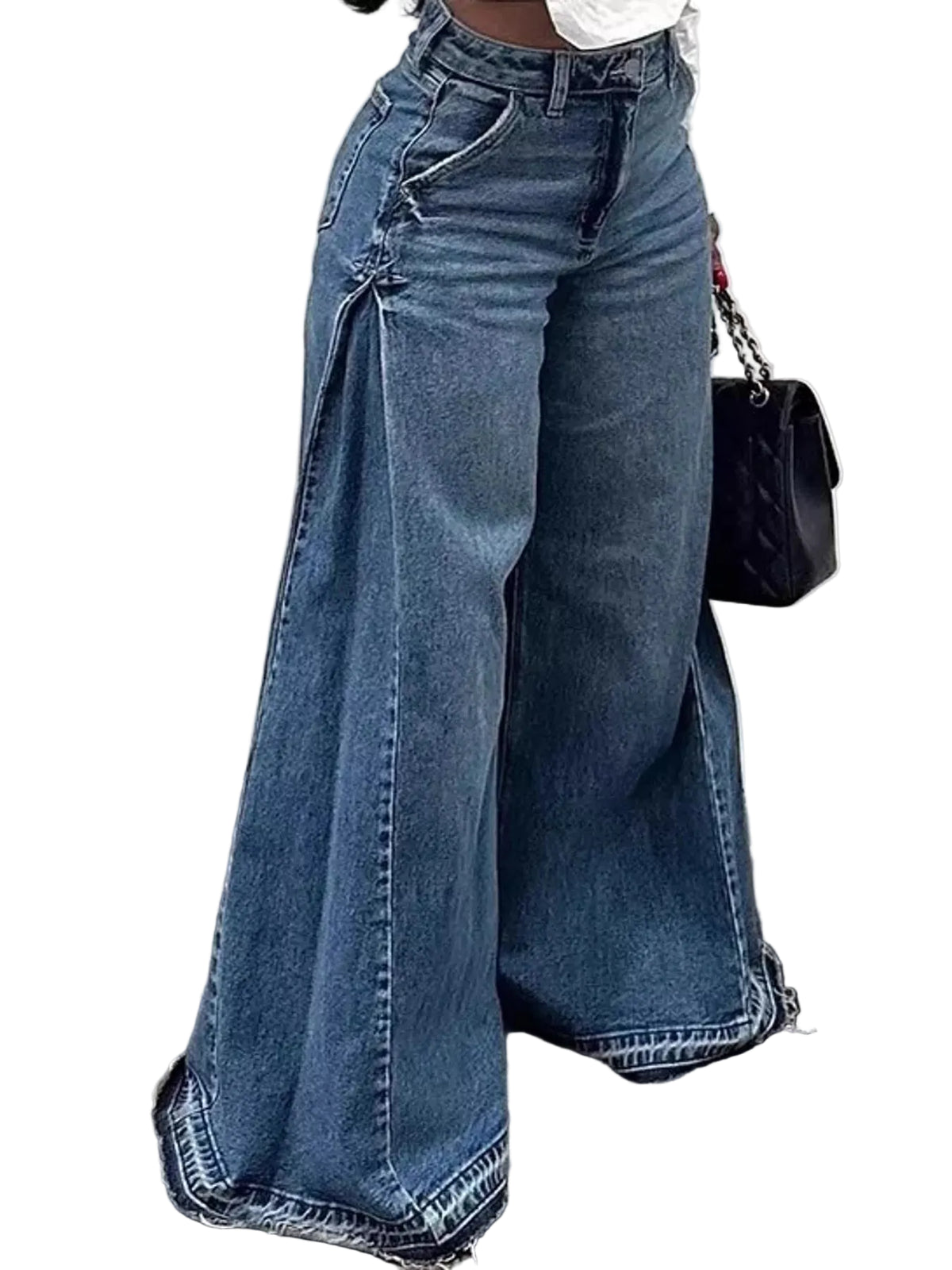 A person wearing high-waisted, wide-leg blue denim jeans with decorative stitching and a rolled hem, paired with a white top and a black handbag, standing against a light gray wall.