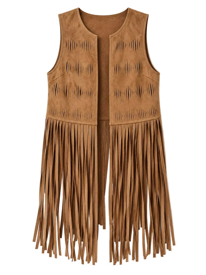 A sleeveless tan faux-suede vest with geometric cutout patterns on the upper front and long fringe hanging from the bottom, shown against a light beige background.