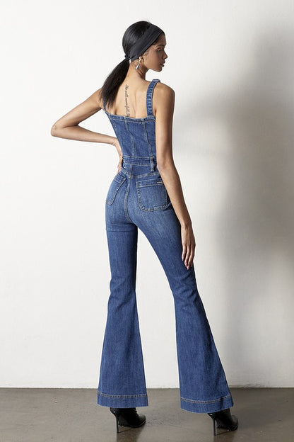 Front Buttons Flare Denim Overalls