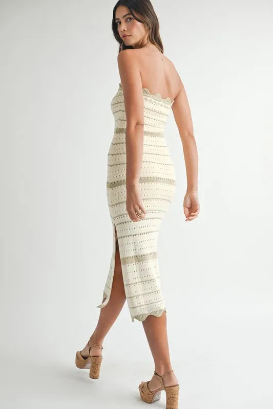 Contrast Striped Crochet Knit Midi Dress.