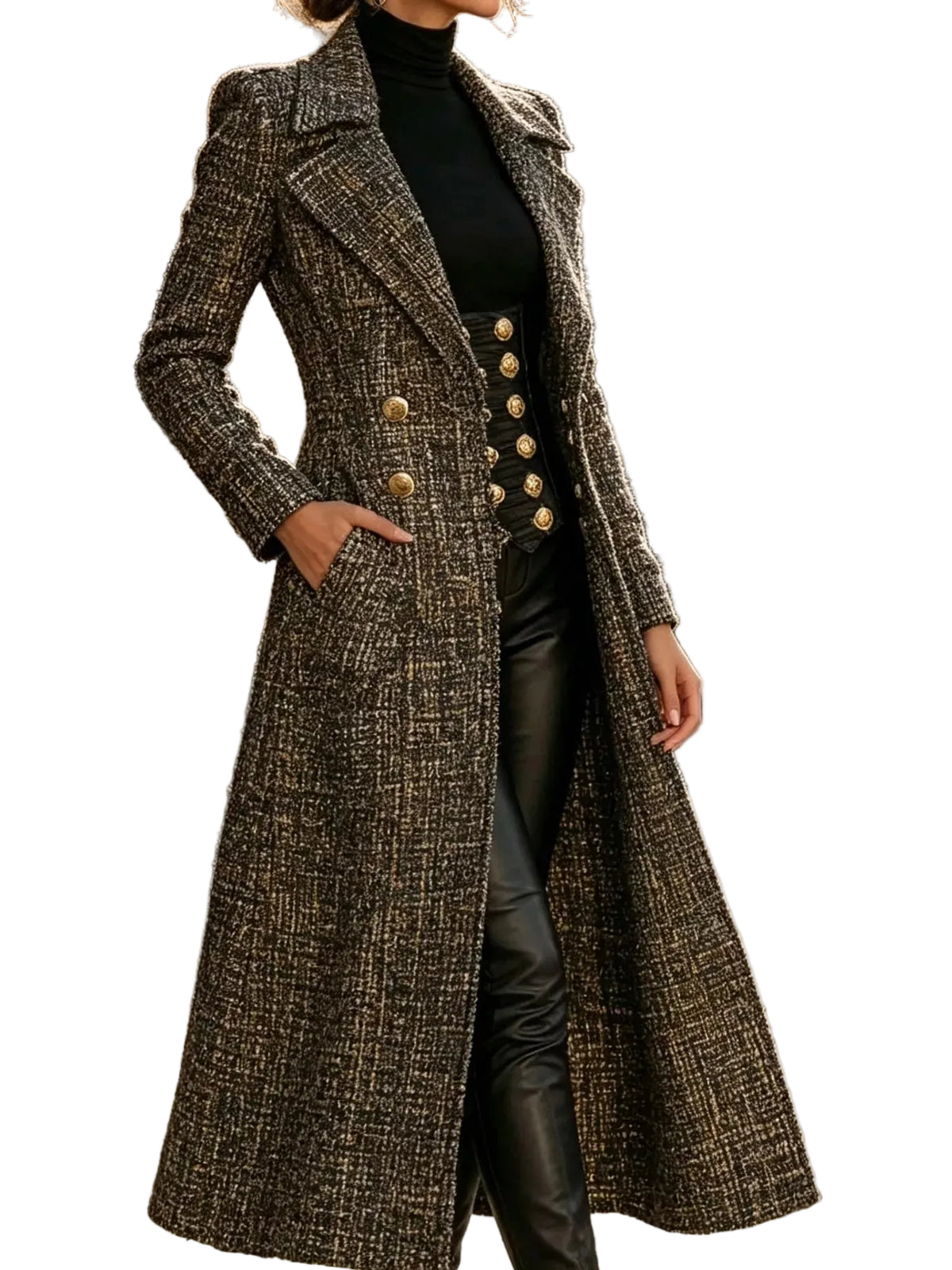 A woman wearing a long, double-breasted tweed coat with gold buttons over a black outfit, standing on a cobblestone street in an outdoor urban setting.