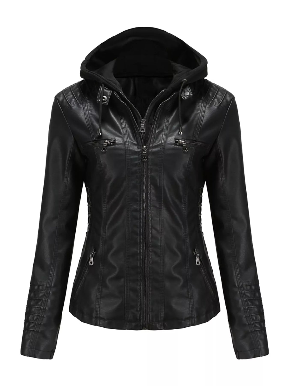 A black faux leather hooded jacket with a front zipper, zippered chest pockets, and decorative stitching on the sleeves, shown against a plain white background.