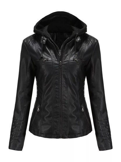 A black faux leather hooded jacket with a front zipper, zippered chest pockets, and decorative stitching on the sleeves, shown against a plain white background.