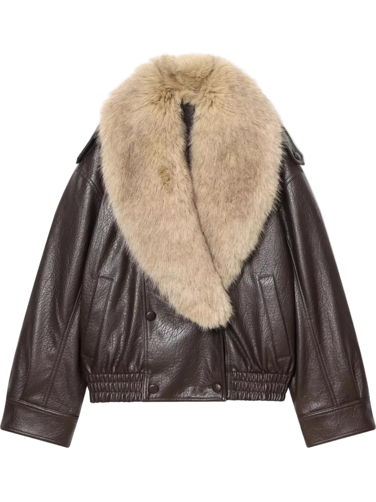 A dark brown leather jacket featuring a large, fluffy beige fur collar, displayed against a solid white background.
