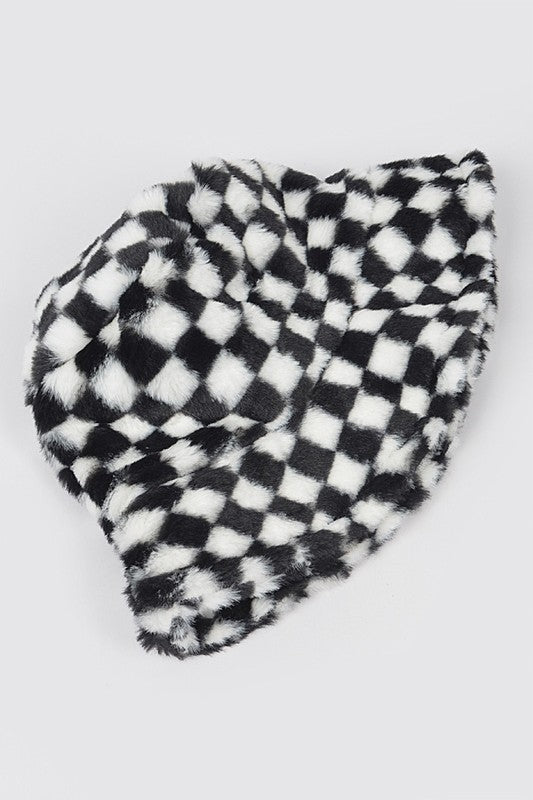 Checker Print Faux Fur Bucket Hat