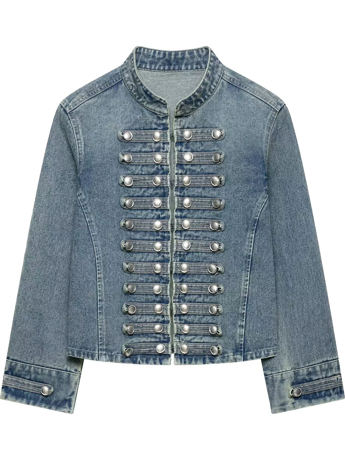 A light blue denim jacket with a high collar and double-breasted silver military-style snap buttons, shown against a plain white background.