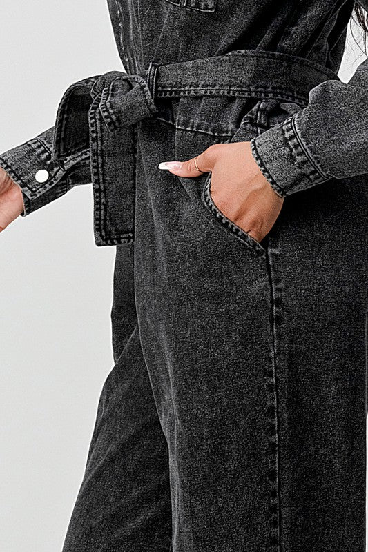 Black Washed Denim Tie Detail Jacket