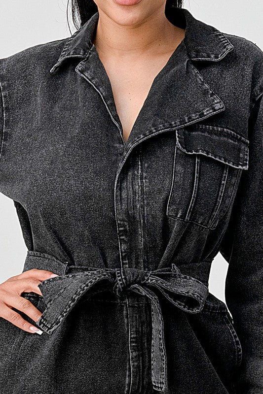 Black Washed Denim Tie Detail Jacket