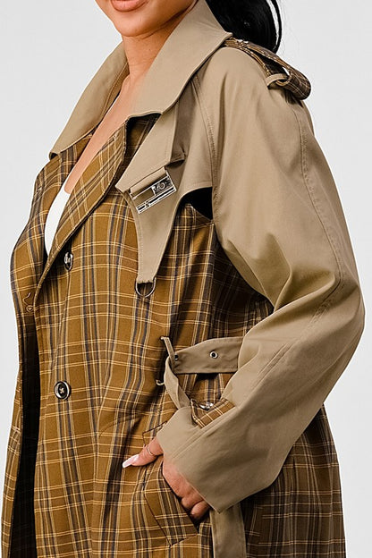 Plaid Khaki Contrast Trench Coat