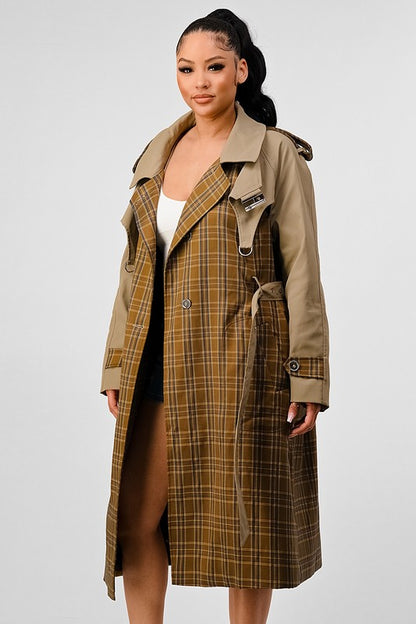 Plaid Khaki Contrast Trench Coat