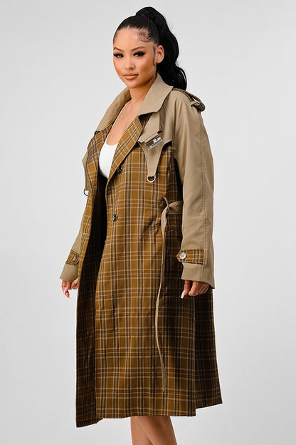 Plaid Khaki Contrast Trench Coat