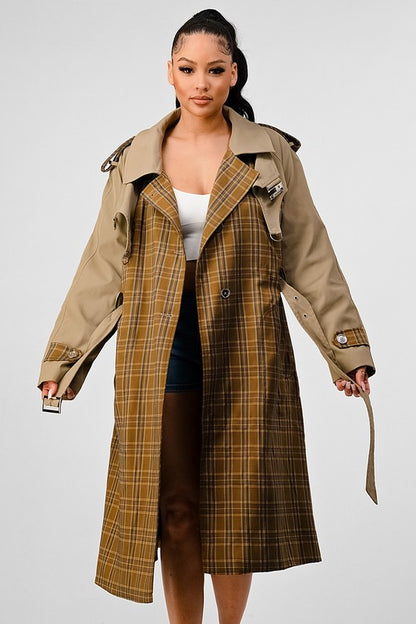 Plaid Khaki Contrast Trench Coat