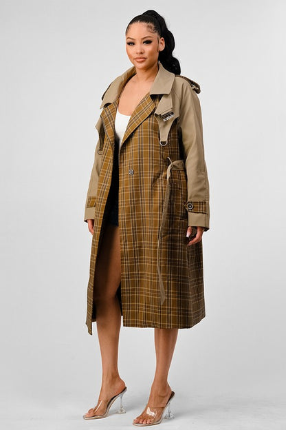 Plaid Khaki Contrast Trench Coat