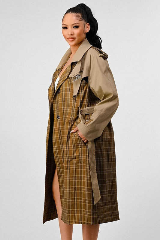 Plaid Khaki Contrast Trench Coat