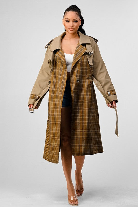 Plaid Khaki Contrast Trench Coat