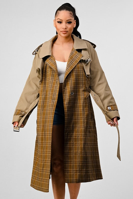 Plaid Khaki Contrast Trench Coat