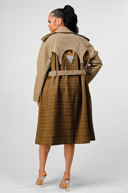 Plaid Khaki Contrast Trench Coat