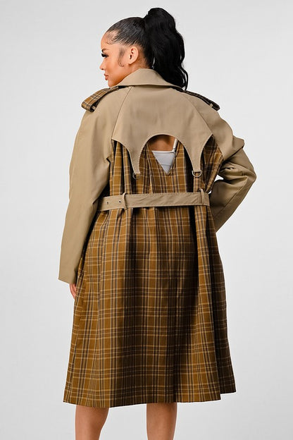 Plaid Khaki Contrast Trench Coat