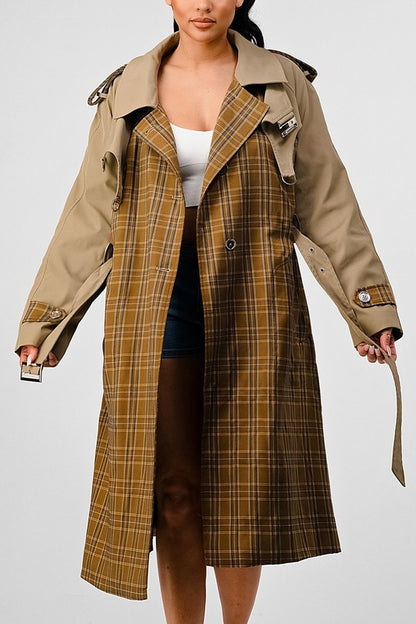 Plaid Khaki Contrast Trench Coat