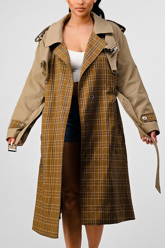 Plaid Khaki Contrast Trench Coat