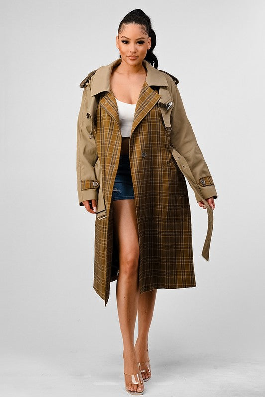 Plaid Khaki Contrast Trench Coat