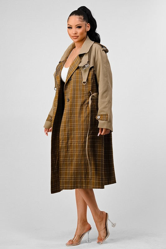 Plaid Khaki Contrast Trench Coat